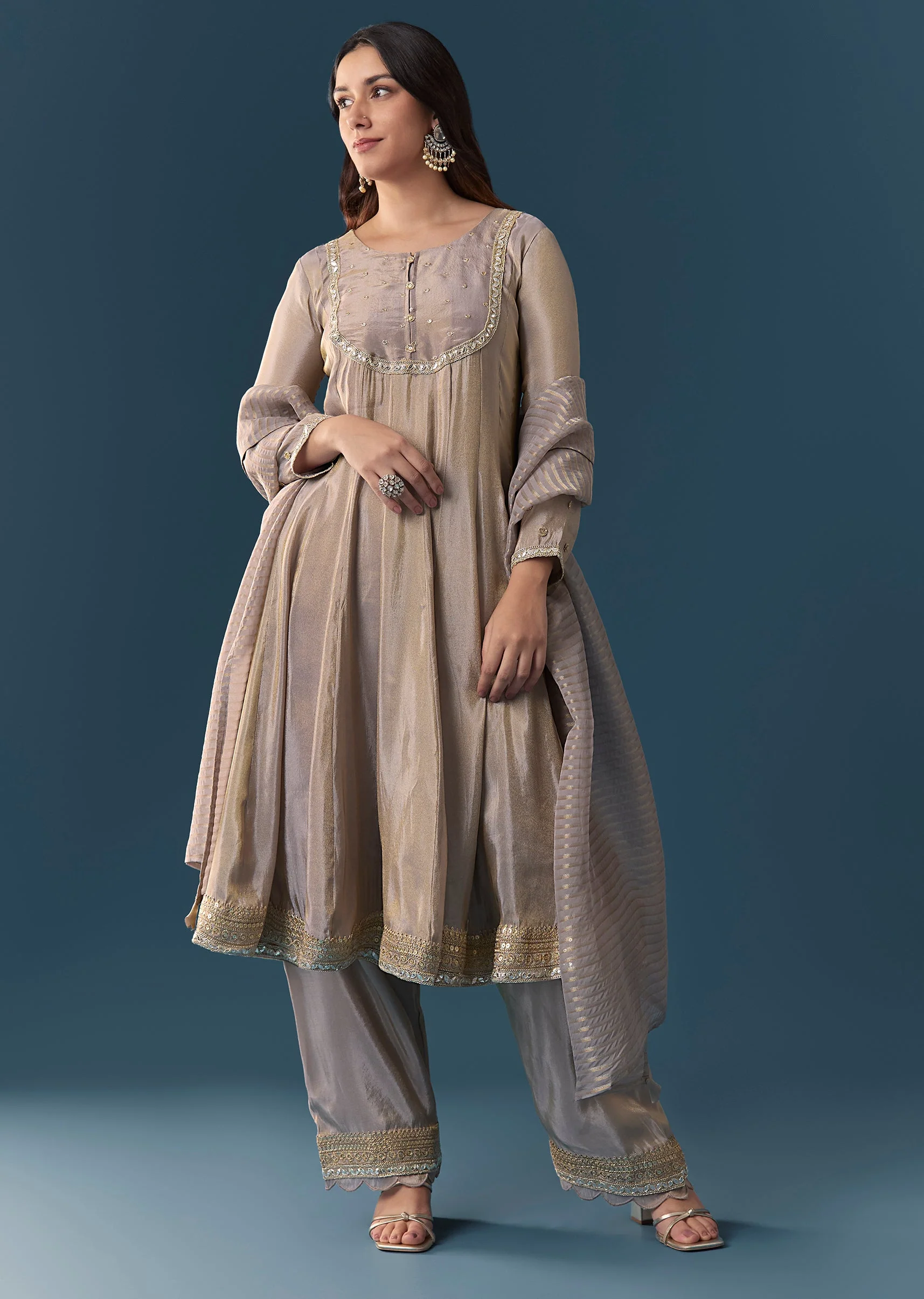 Grey Gotta Lace Tissue Anarkali Suit Set With Pant And Dupatta