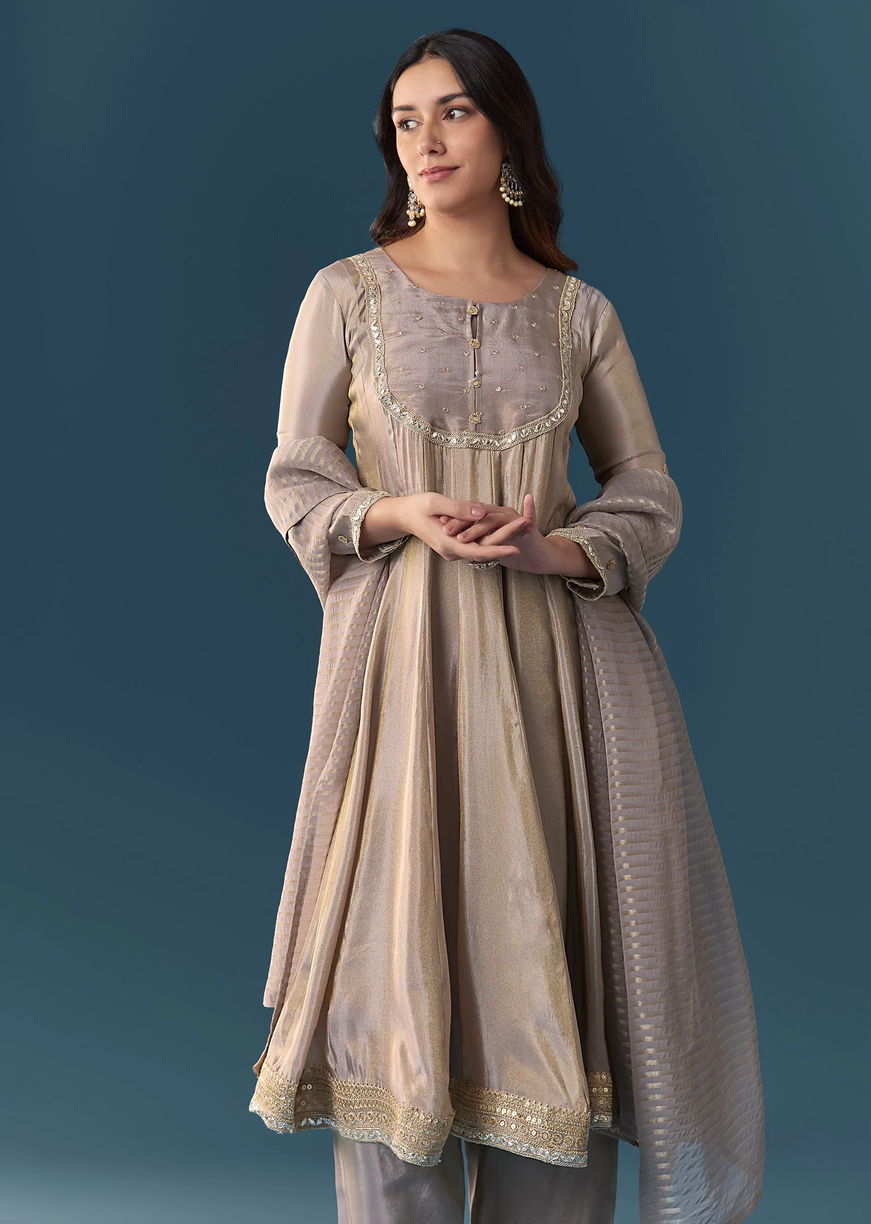 Grey Gotta Lace Tissue Anarkali Suit Set With Pant And Dupatta