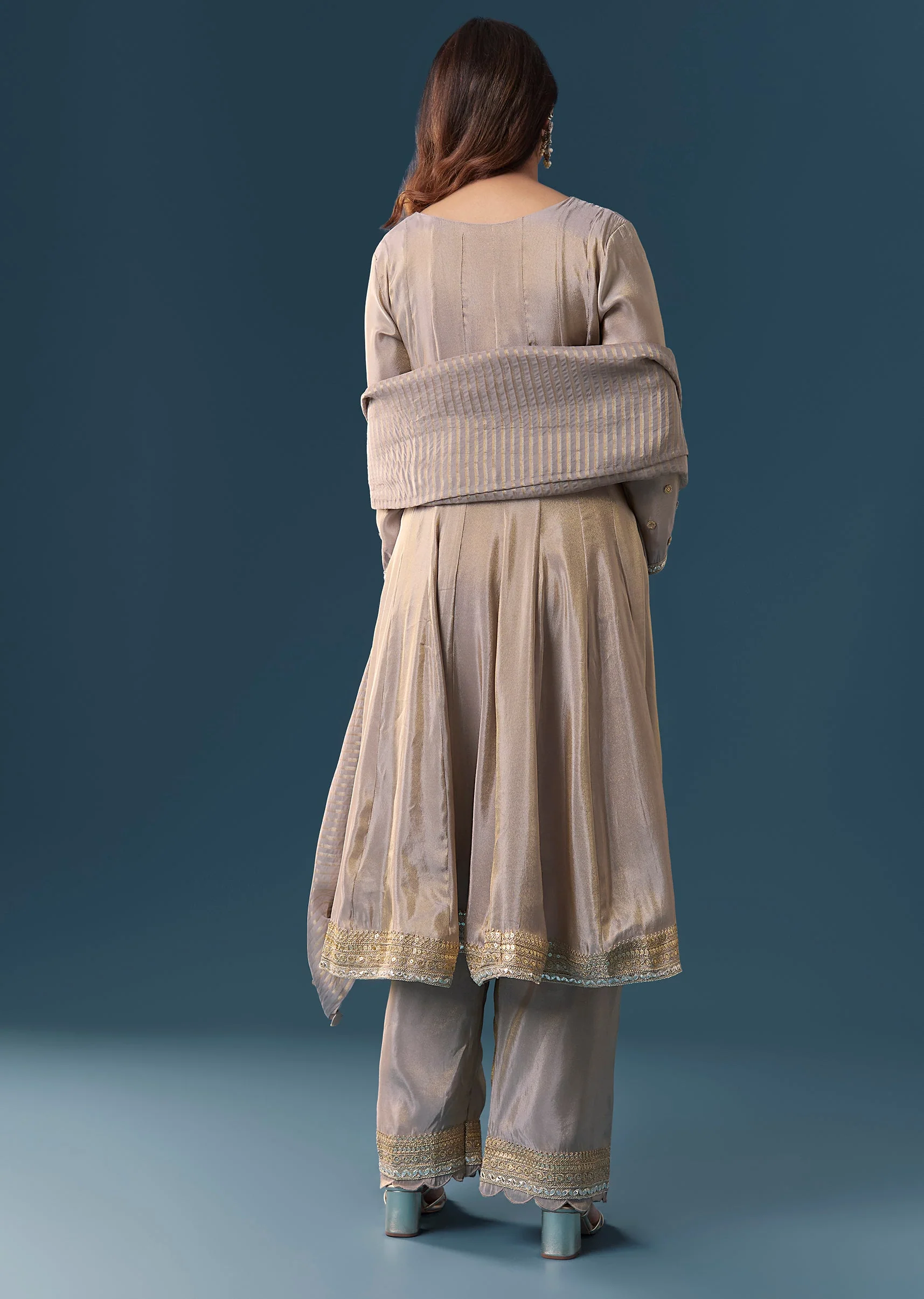 Grey Gotta Lace Tissue Anarkali Suit Set With Pant And Dupatta