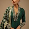 Bottle Green Anarkali Suit In Raw Silk With Hand Embroidery And A Brocade Dupatta Enhanced With Bandhani