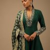 Bottle Green Anarkali Suit In Raw Silk With Hand Embroidery And A Brocade Dupatta Enhanced With Bandhani