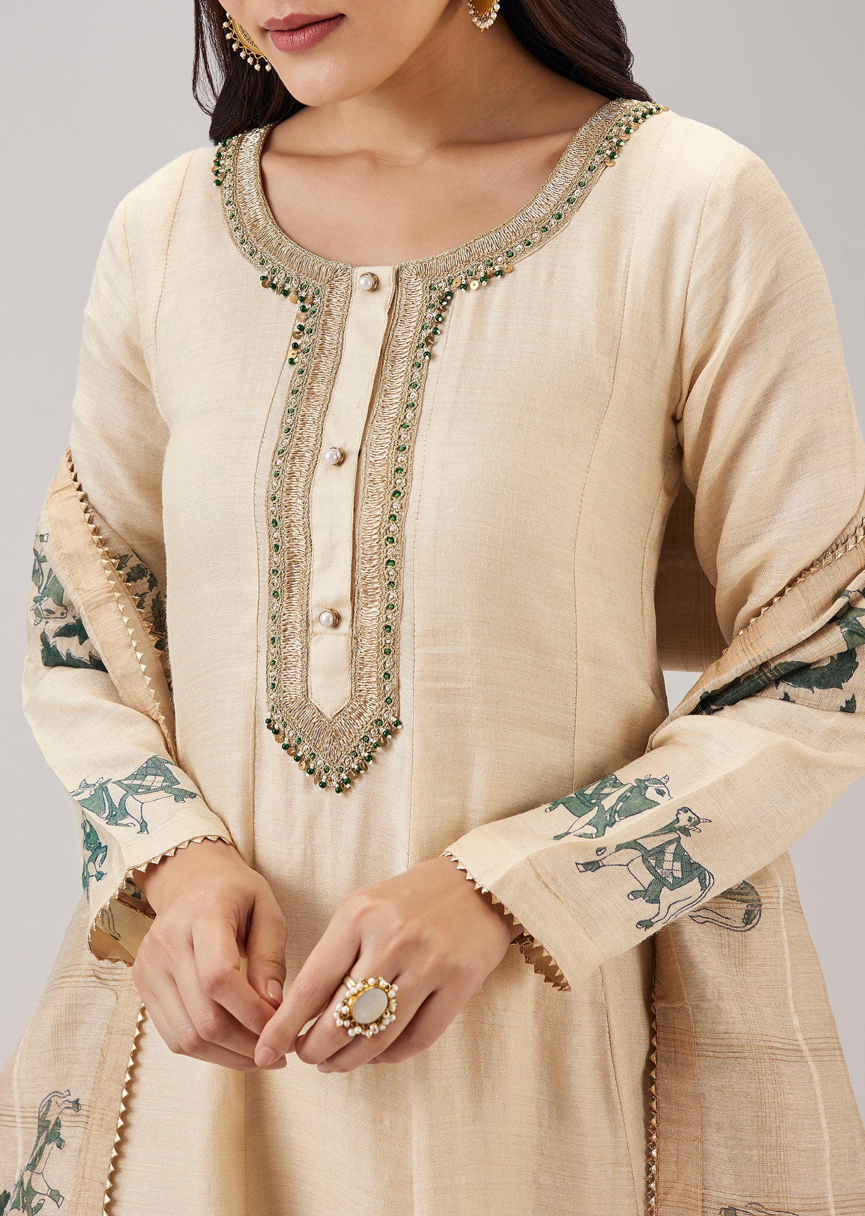 Green Hand Block Print Anarkali With Zardosi Work