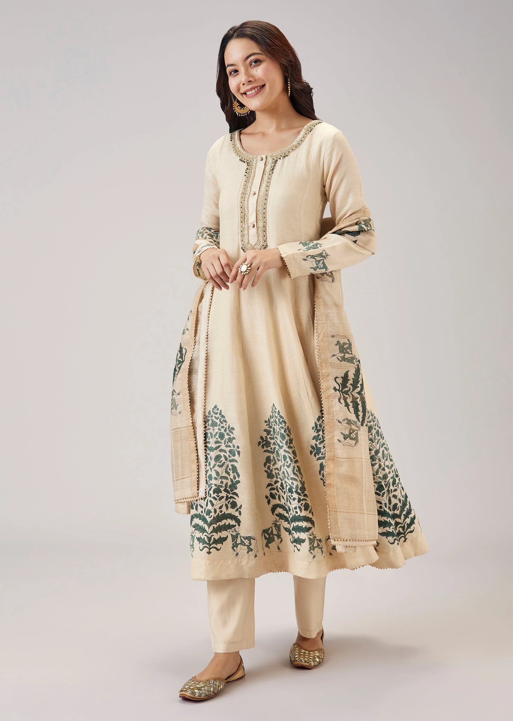 Green Hand Block Print Anarkali With Zardosi Work