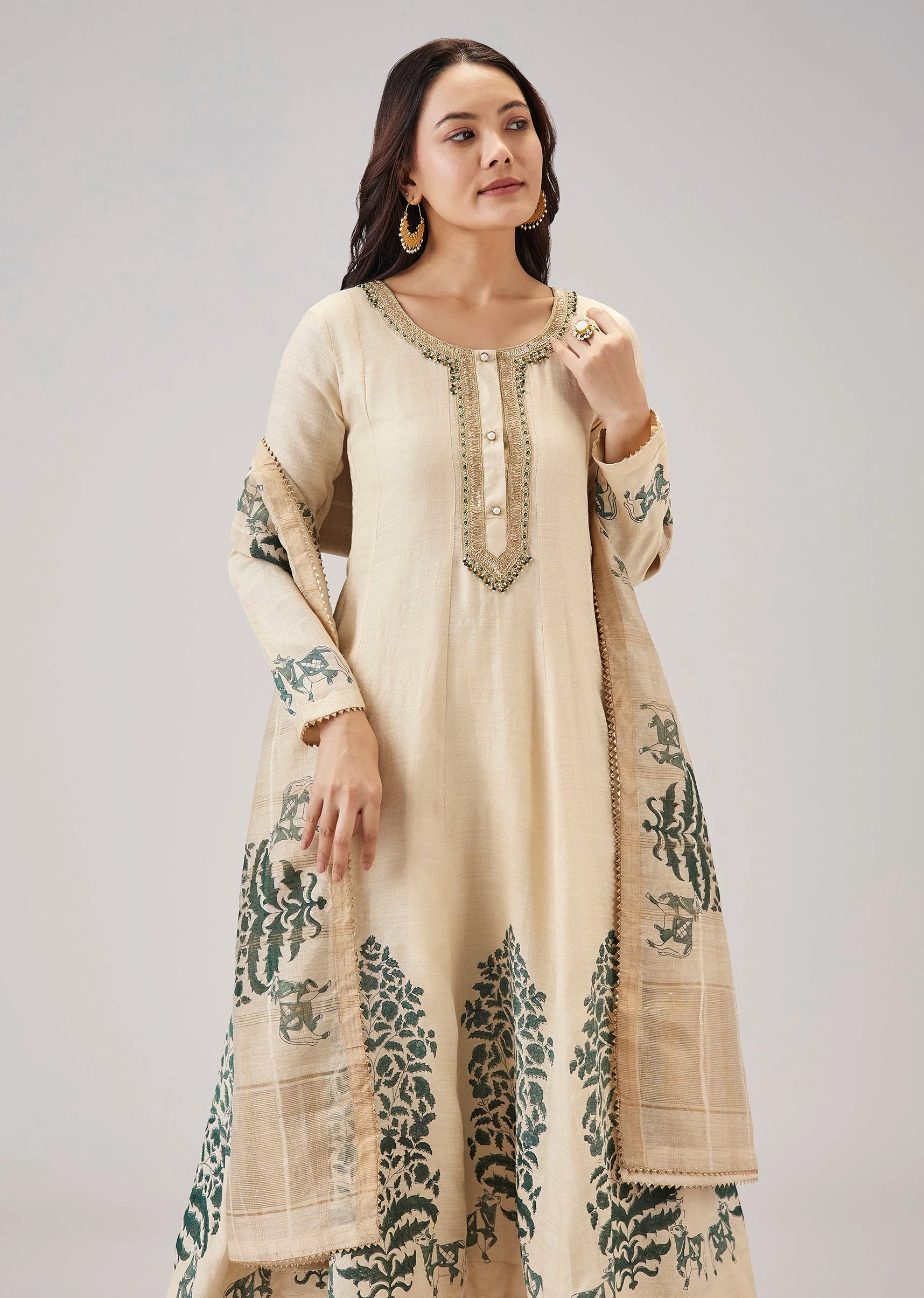Green Hand Block Print Anarkali With Zardosi Work