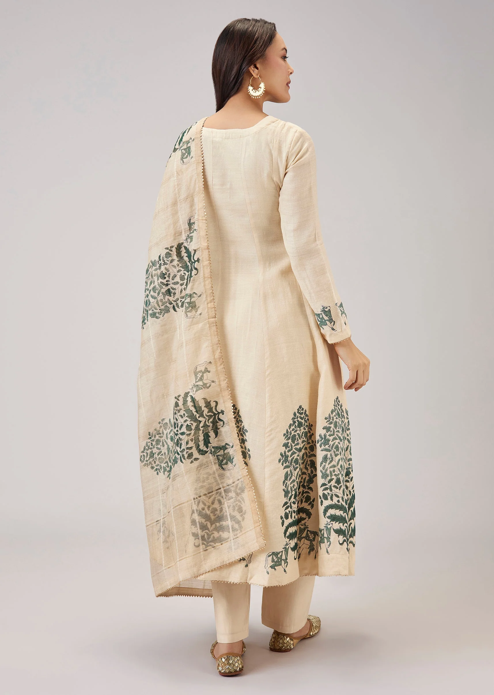 Green Hand Block Print Anarkali With Zardosi Work