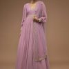 Lilas Pink Floor-Length Suit In Balloon Sleeves, Crafted In Georgette With A Scalloped Neckline And Moti, Cut Dana Embroidery On The Yoke