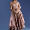 Pink Ombre Georgette Anarkali With Cutdana Neck And Zari Dupatta