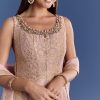 Pink Ombre Georgette Anarkali With Cutdana Neck And Zari Dupatta