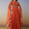 Orange Chanderi Anarkali Suit Set with Zari Moti Embroidery Work