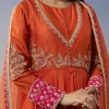 Orange Chanderi Anarkali Suit Set with Zari Moti Embroidery Work