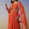 Orange Chanderi Anarkali Suit Set with Zari Moti Embroidery Work