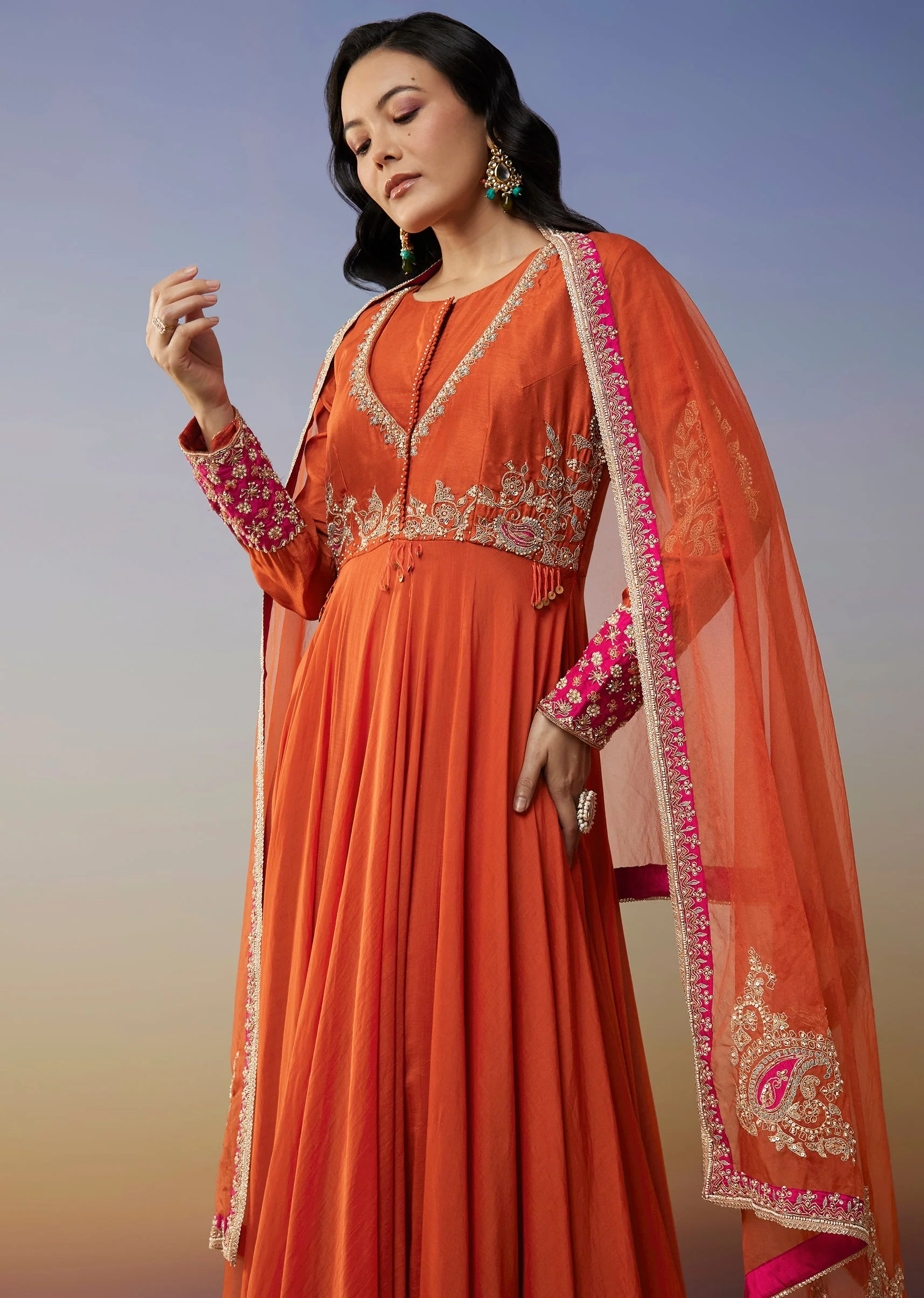Orange Chanderi Anarkali Suit Set with Zari Moti Embroidery Work
