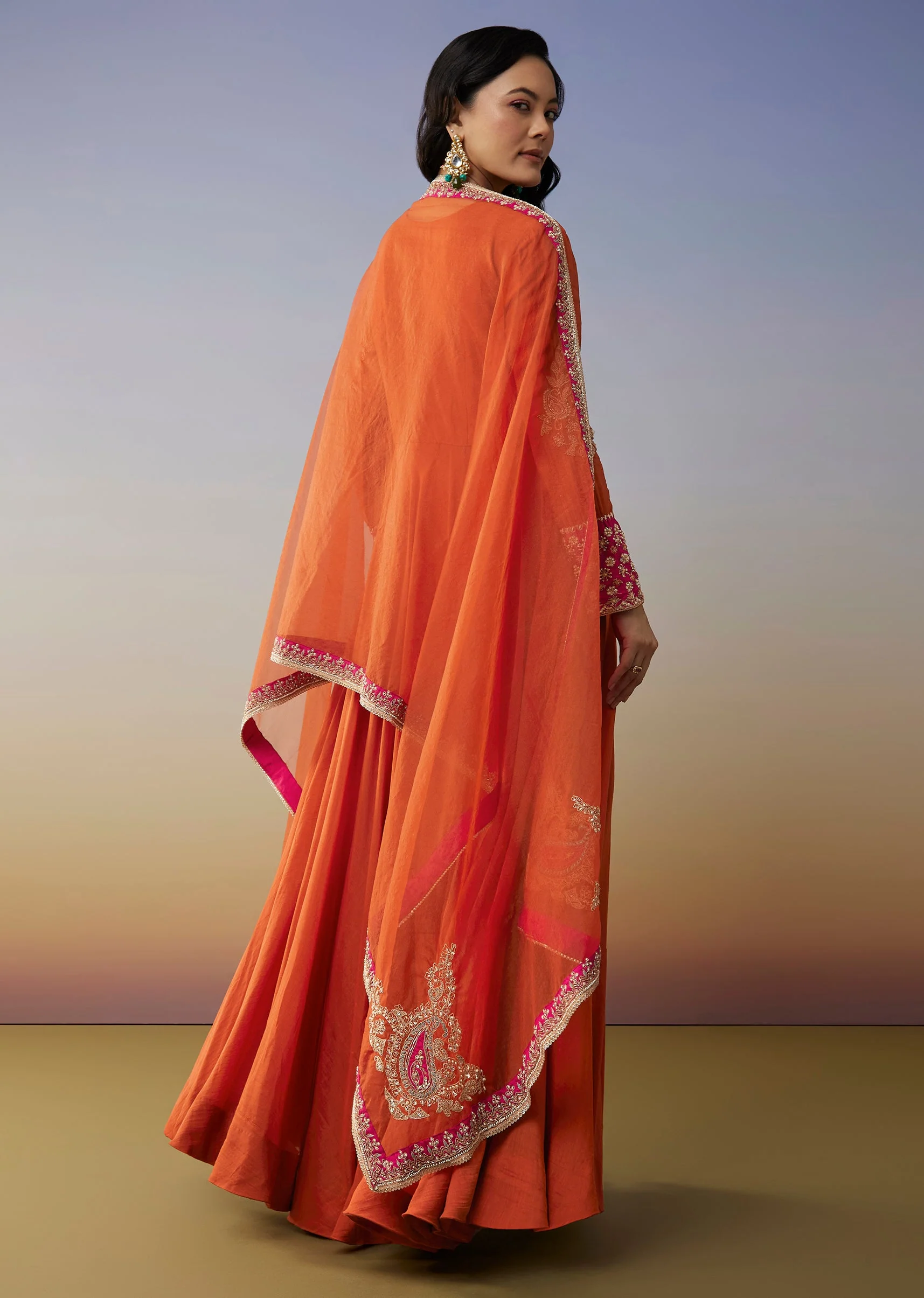 Orange Chanderi Anarkali Suit Set with Zari Moti Embroidery Work
