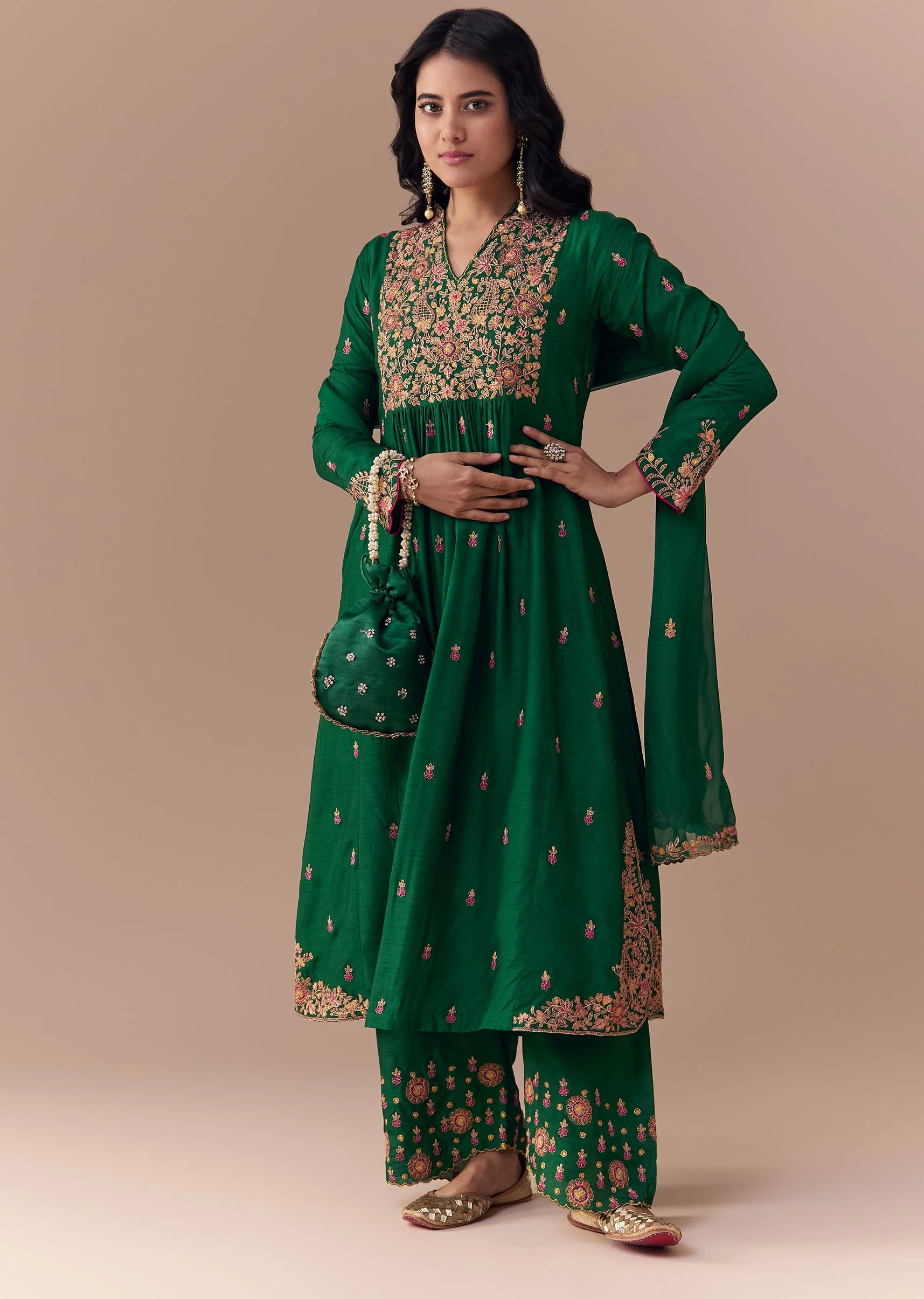 18593-green-raw-silk-zari-embellished-anarkali-set-1.webp Green Raw Silk Zari Embellished Anarkali Set