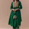 Green Raw Silk Zari Embellished Anarkali Set