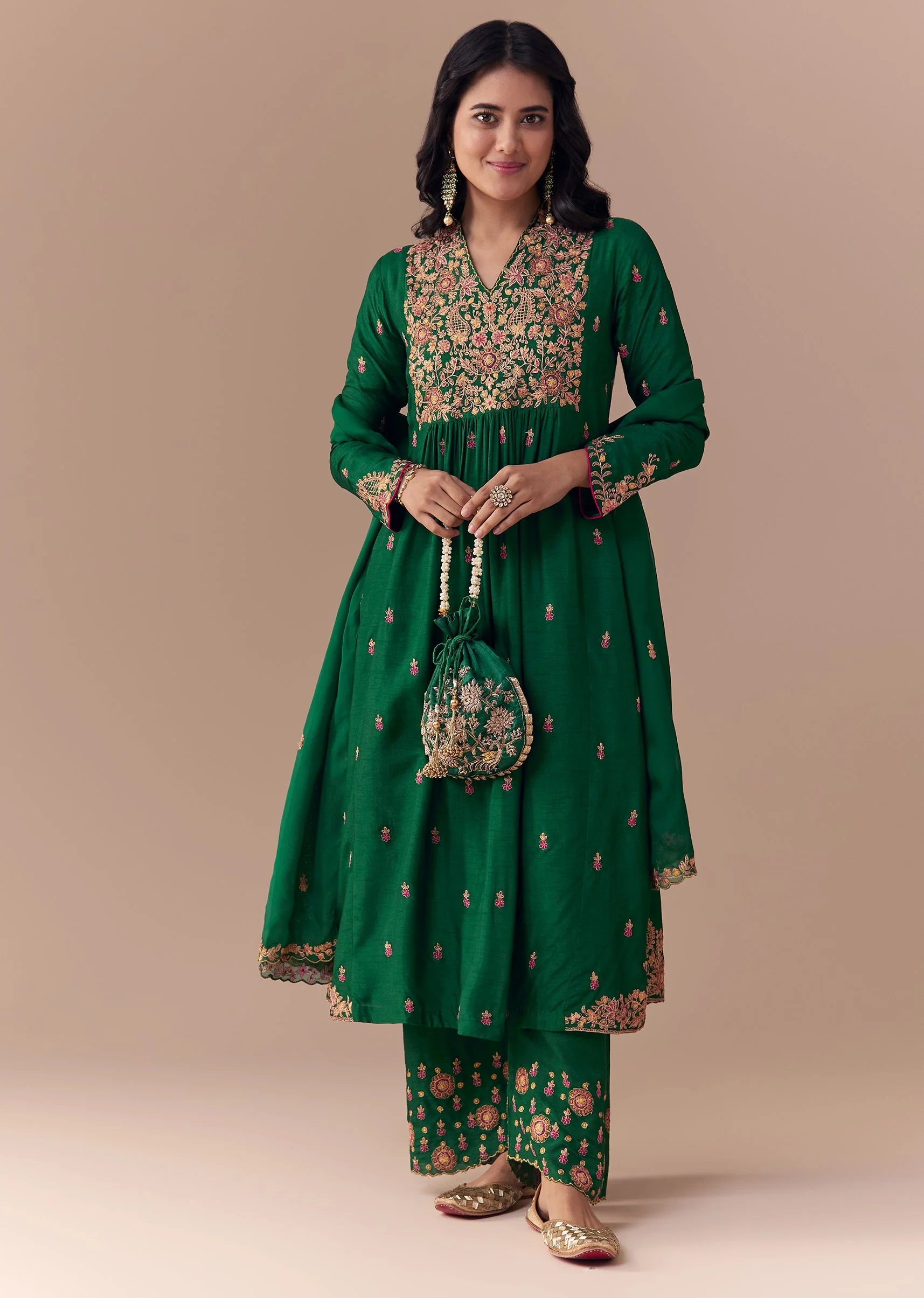 Green Raw Silk Zari Embellished Anarkali Set
