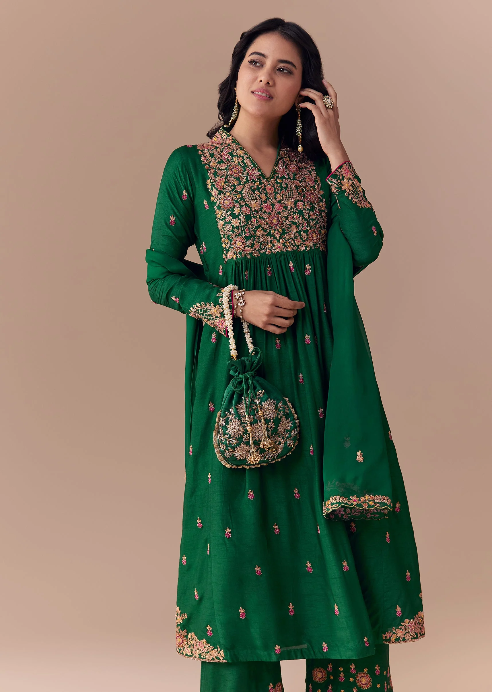 Green Raw Silk Zari Embellished Anarkali Set