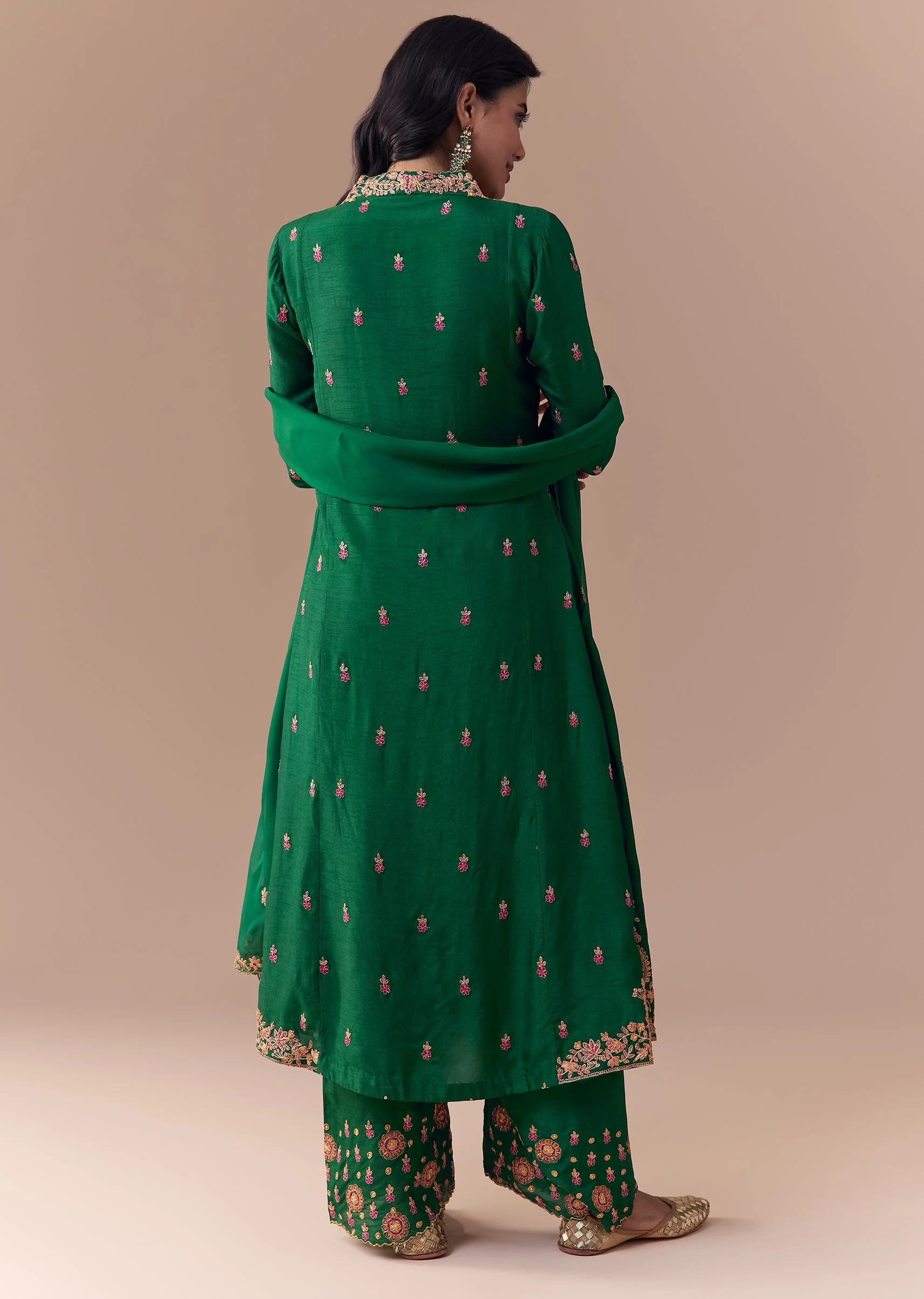 Green Raw Silk Zari Embellished Anarkali Set
