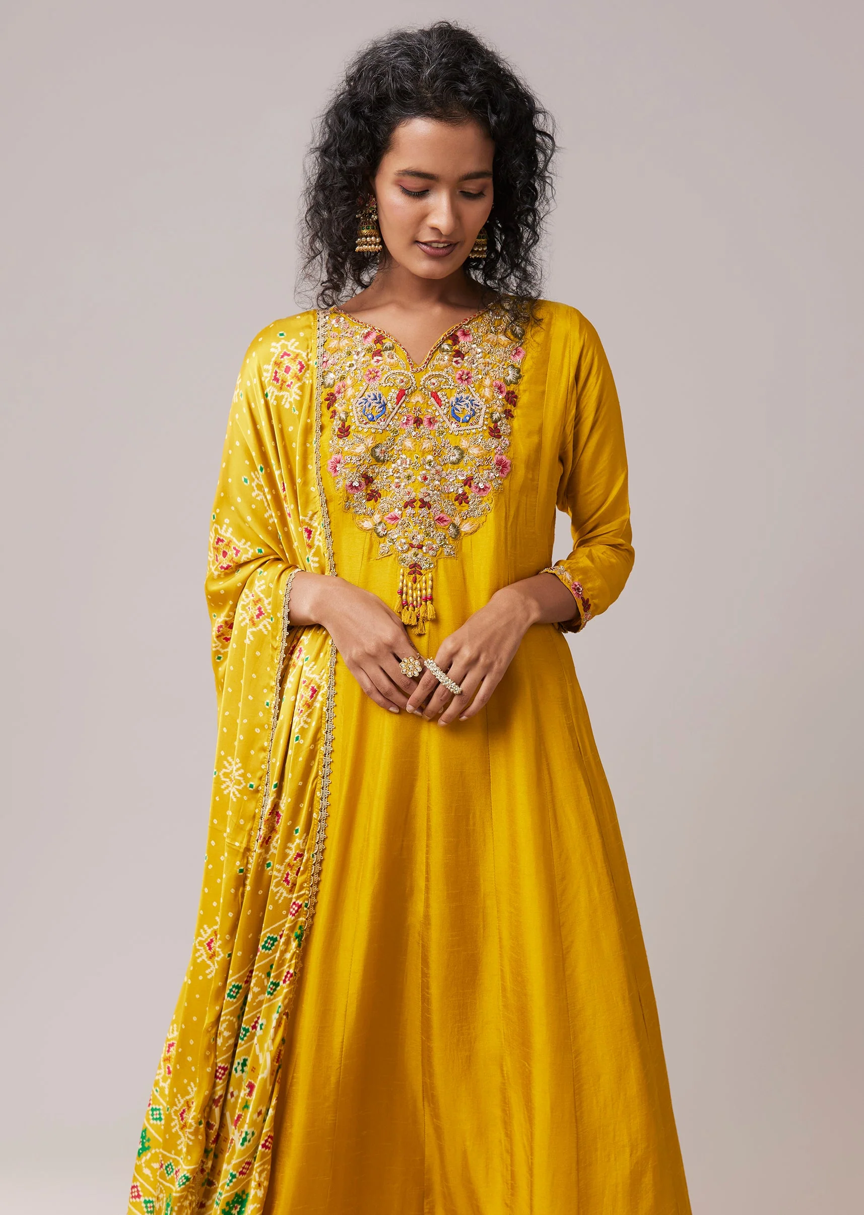 Yellow Silk Embroidered Anarkali Set