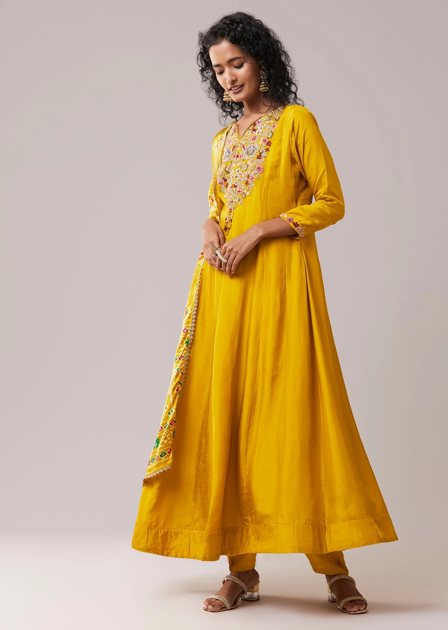 Yellow Silk Embroidered Anarkali Set