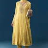 Yellow Chinon Anarkali Set With Moti And Cut Dana Work