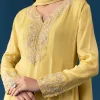Yellow Chinon Anarkali Set With Moti And Cut Dana Work