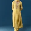 Yellow Chinon Anarkali Set With Moti And Cut Dana Work