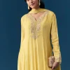 Yellow Chinon Anarkali Set With Moti And Cut Dana Work