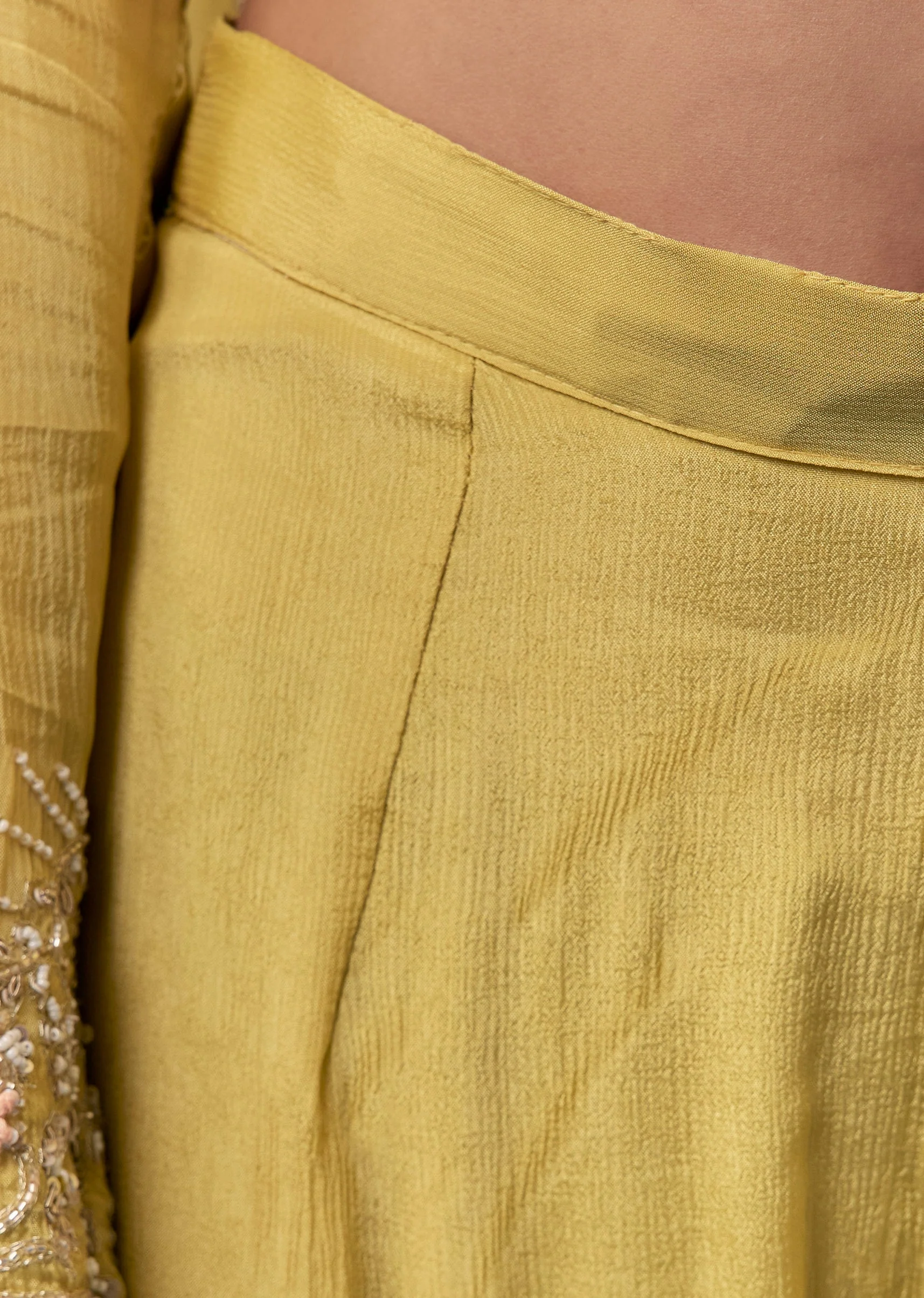 Yellow Chinon Anarkali Set With Moti And Cut Dana Work