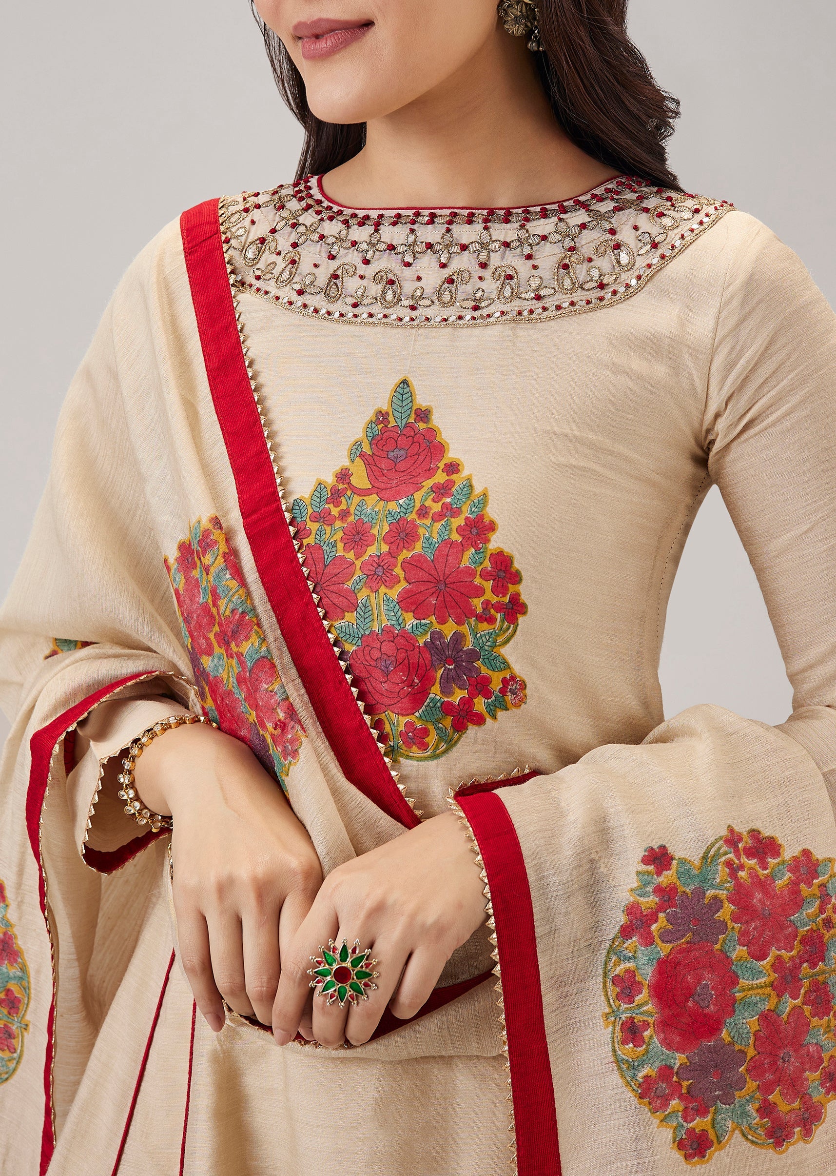 Red Hand Block Print Anarkali And Dupatta