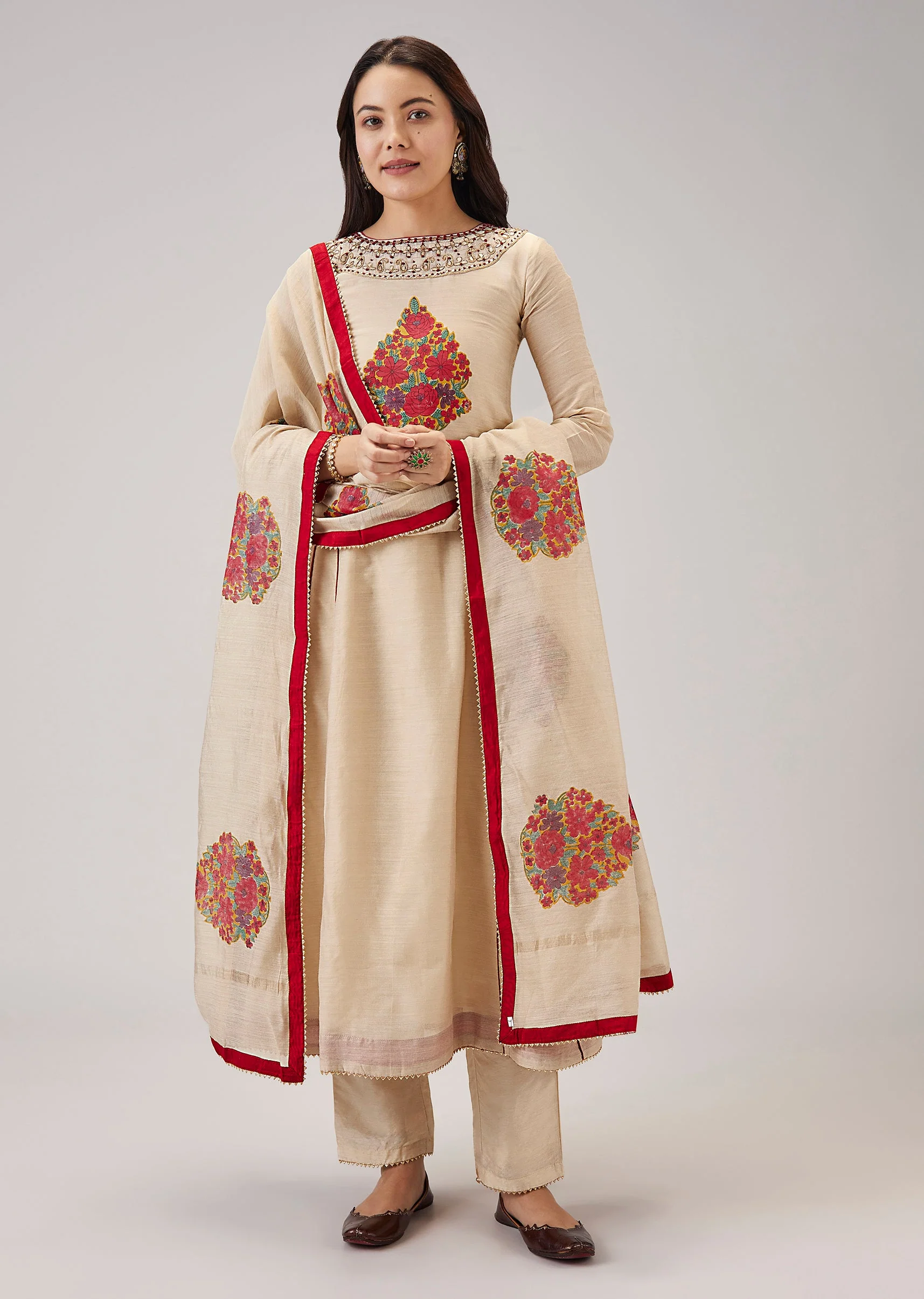 Red Hand Block Print Anarkali And Dupatta