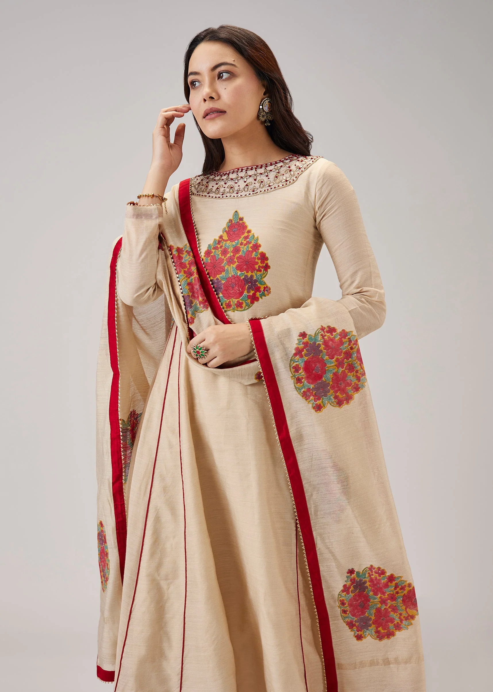 Red Hand Block Print Anarkali And Dupatta