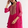 Pink Printed Chiffon Sequin Kurta Set With Dupatta