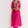 Pink Printed Chiffon Sequin Kurta Set With Dupatta