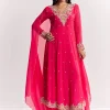 Pink Chinon Anarkali Dupatta Suit With Sequins Cutdana And Moti Work