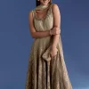 Brown Ombre Georgette Anarkali With Cutdana Neck And Zari Dupatta