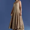 Brown Ombre Georgette Anarkali With Cutdana Neck And Zari Dupatta