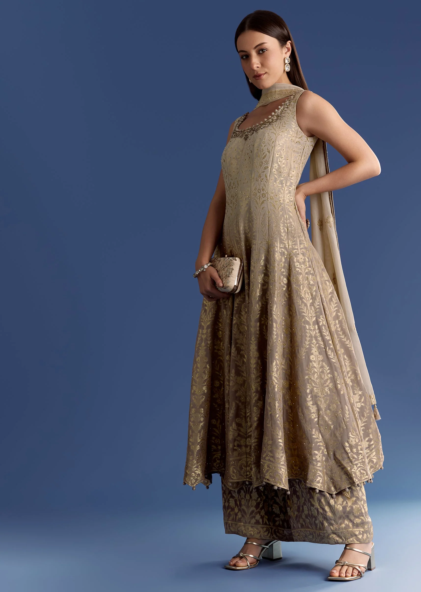 Brown Ombre Georgette Anarkali With Cutdana Neck And Zari Dupatta