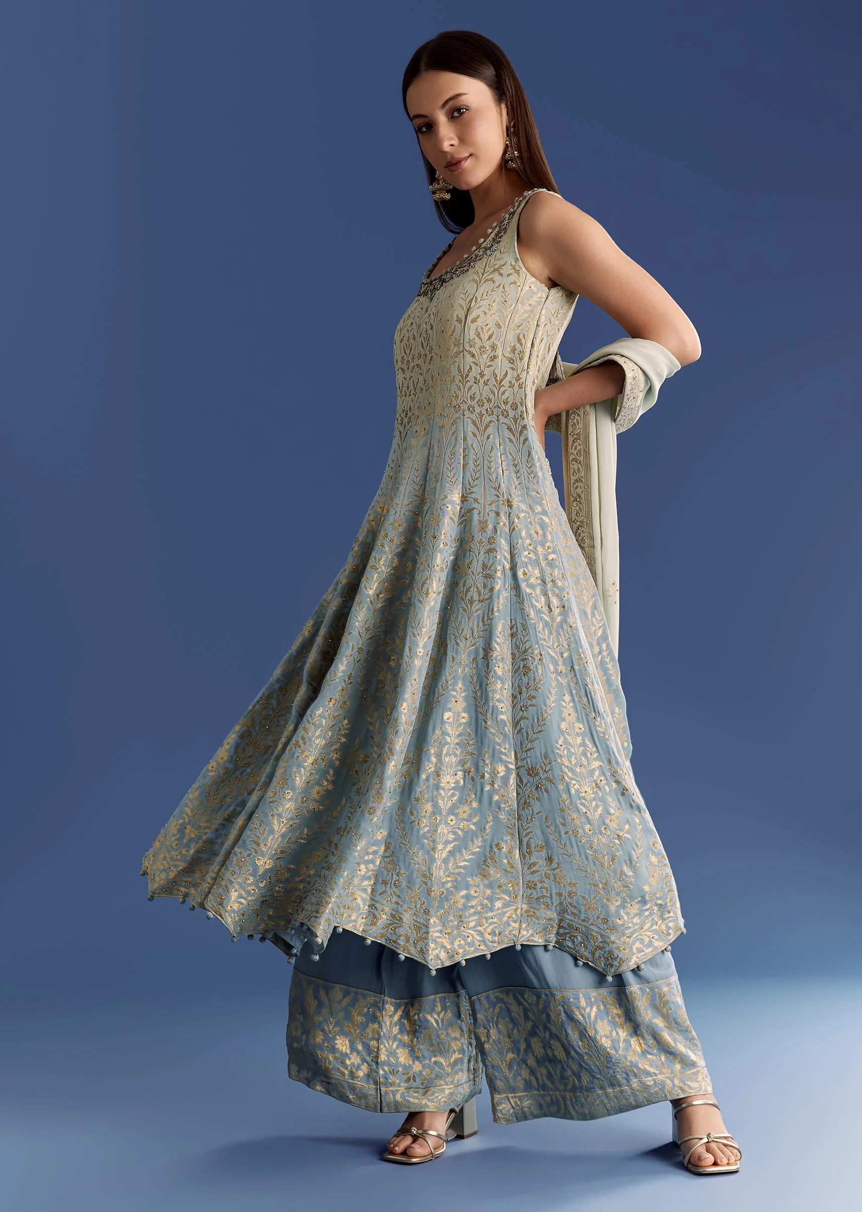 Blue Ombre Georgette Anarkali With Cutdana Neck And Zari Dupatta