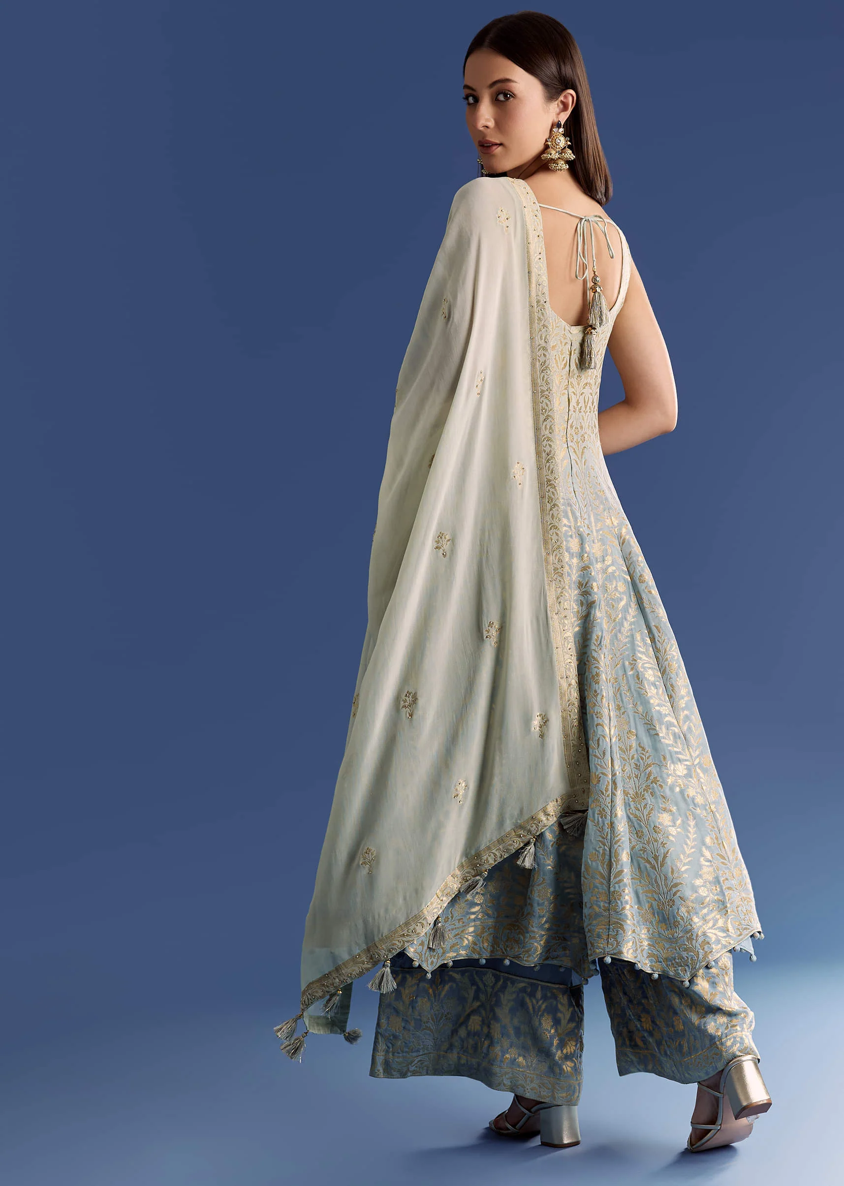 Blue Ombre Georgette Anarkali With Cutdana Neck And Zari Dupatta
