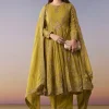 Mehendi Green Metallic Embroidered Anarkali Suit Set With Pant And Dupatta