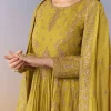 Mehendi Green Metallic Embroidered Anarkali Suit Set With Pant And Dupatta