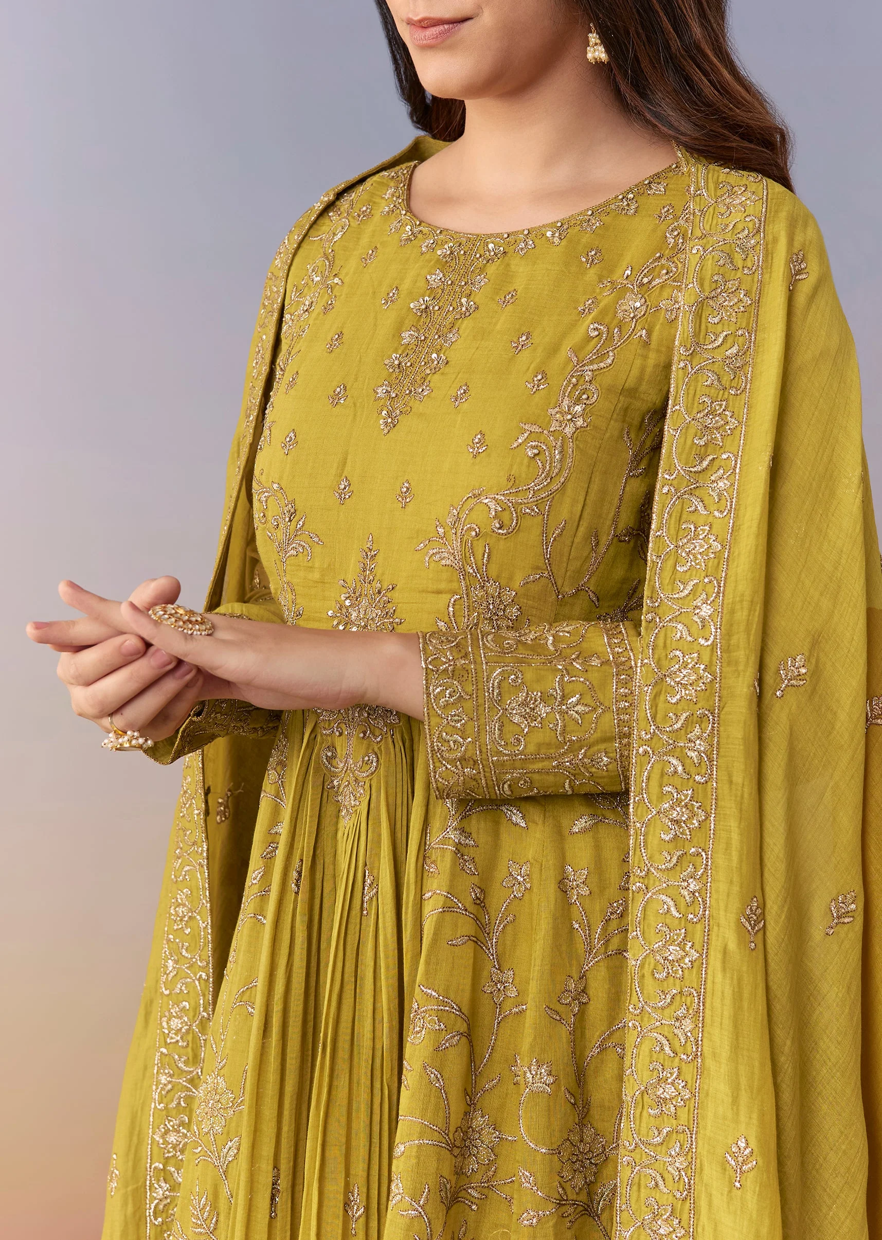 Mehendi Green Metallic Embroidered Anarkali Suit Set With Pant And Dupatta