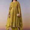 Mehendi Green Metallic Embroidered Anarkali Suit Set With Pant And Dupatta