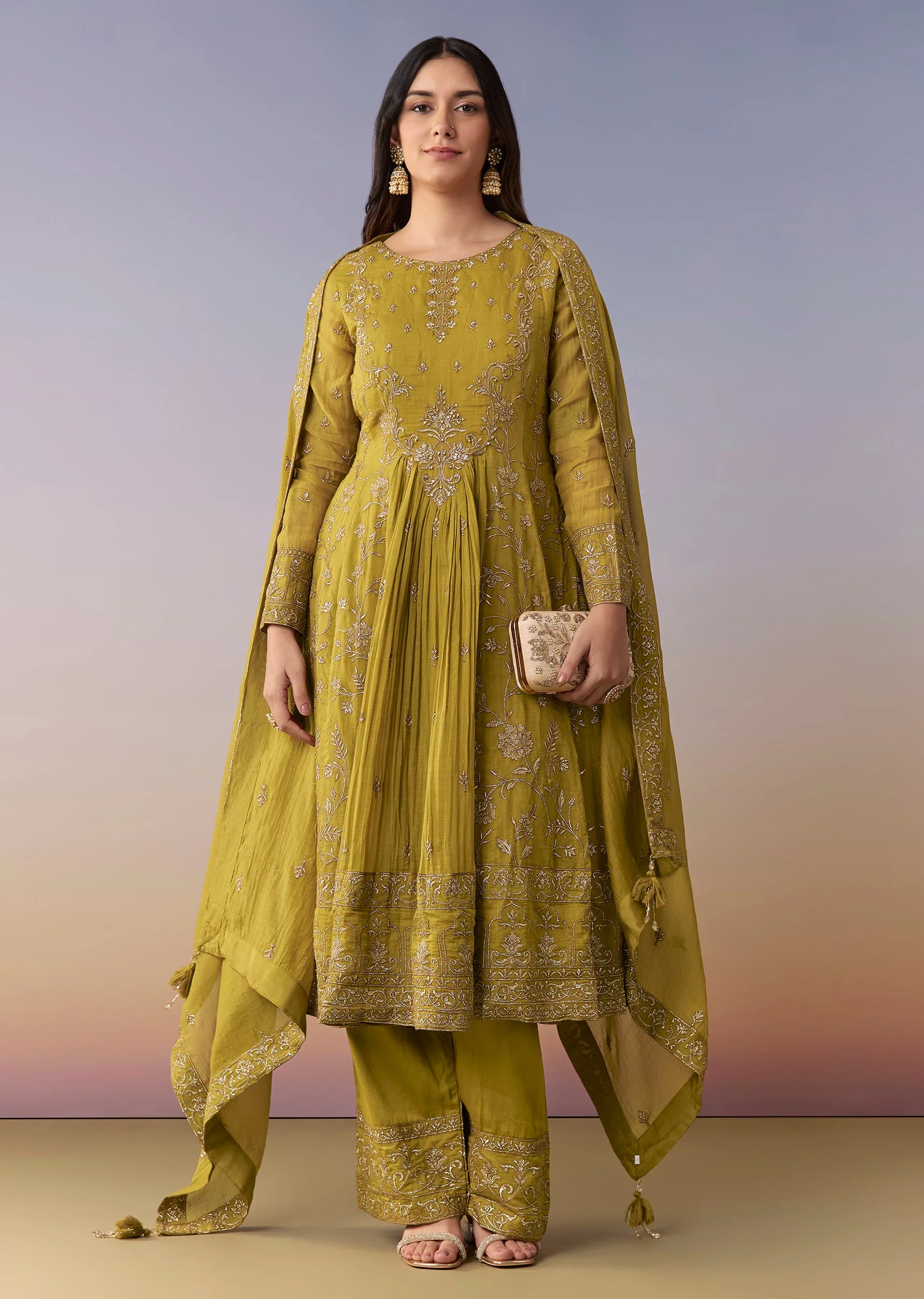 Mehendi Green Metallic Embroidered Anarkali Suit Set With Pant And Dupatta