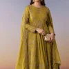 Mehendi Green Metallic Embroidered Anarkali Suit Set With Pant And Dupatta