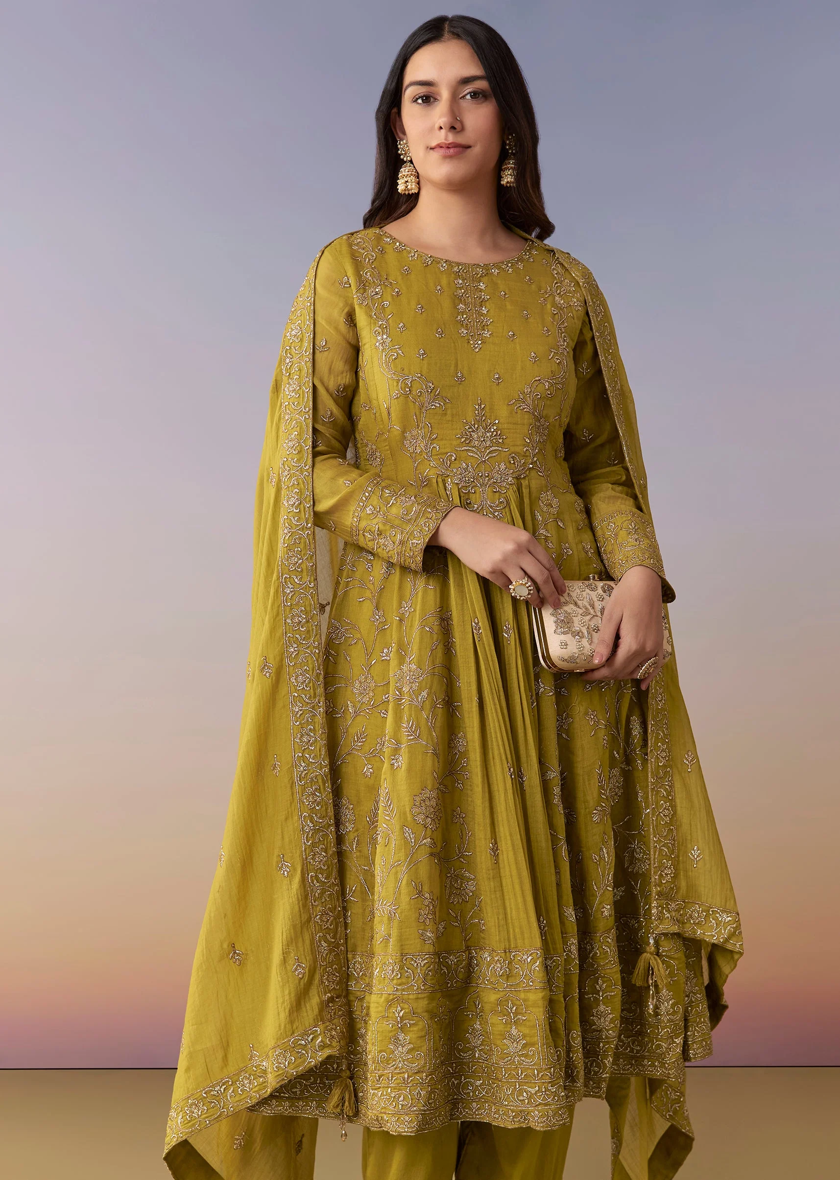 Mehendi Green Metallic Embroidered Anarkali Suit Set With Pant And Dupatta