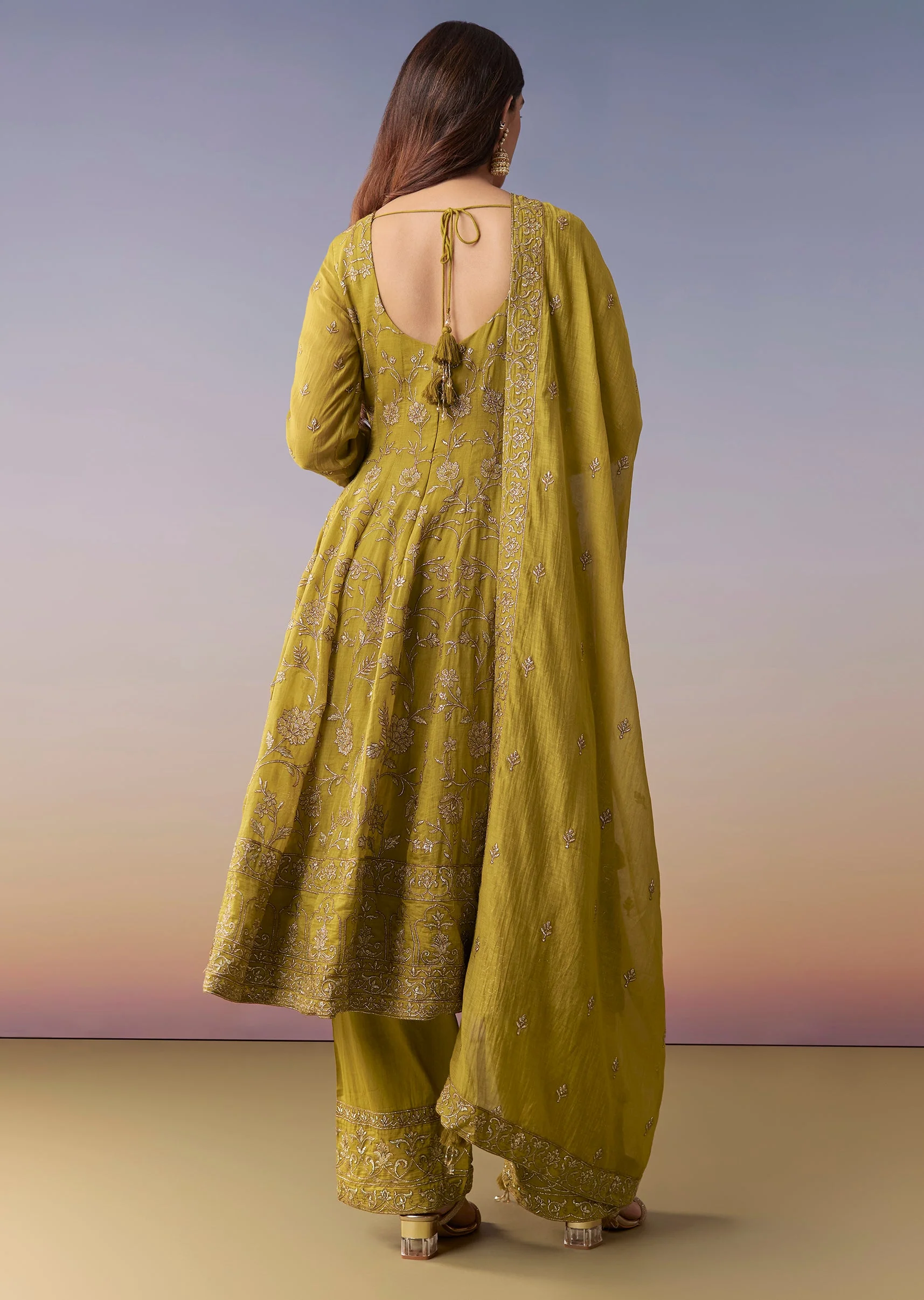 Mehendi Green Metallic Embroidered Anarkali Suit Set With Pant And Dupatta