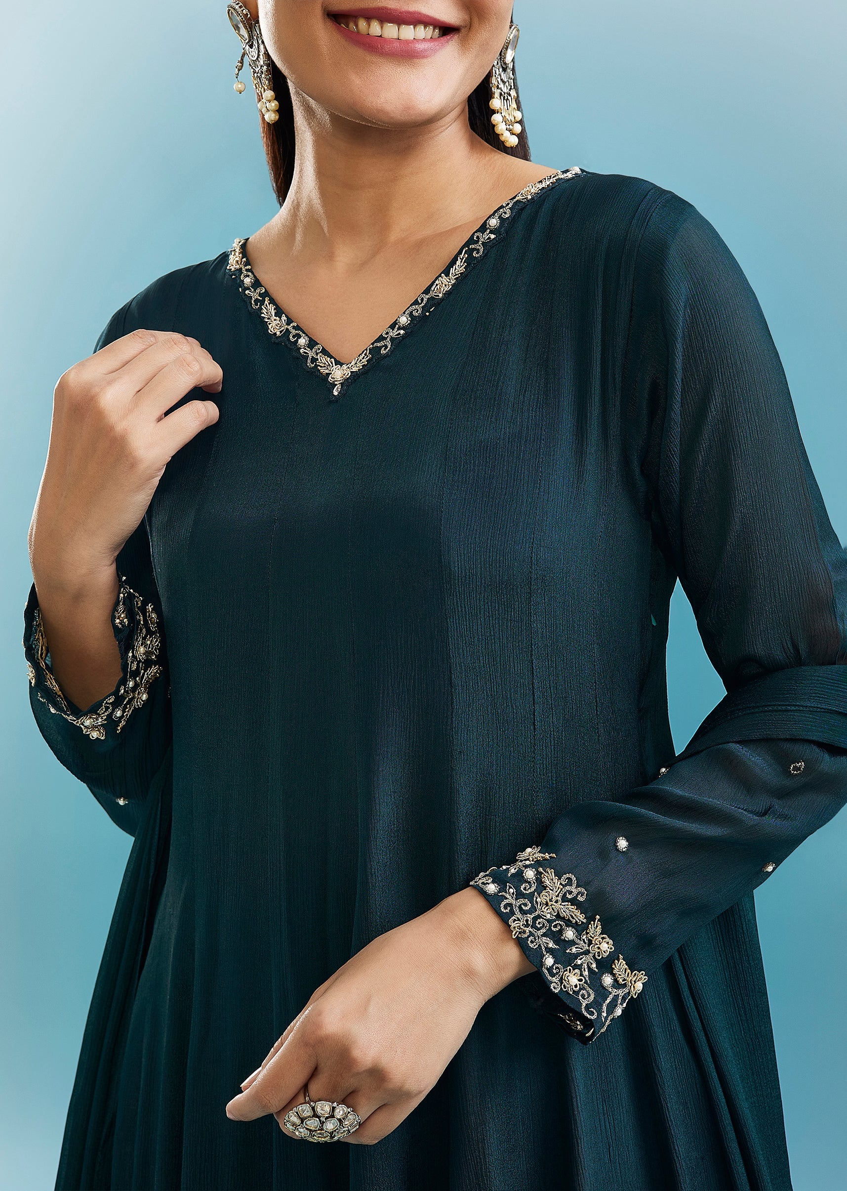 Teal Anarkali Set With Zardosi Work