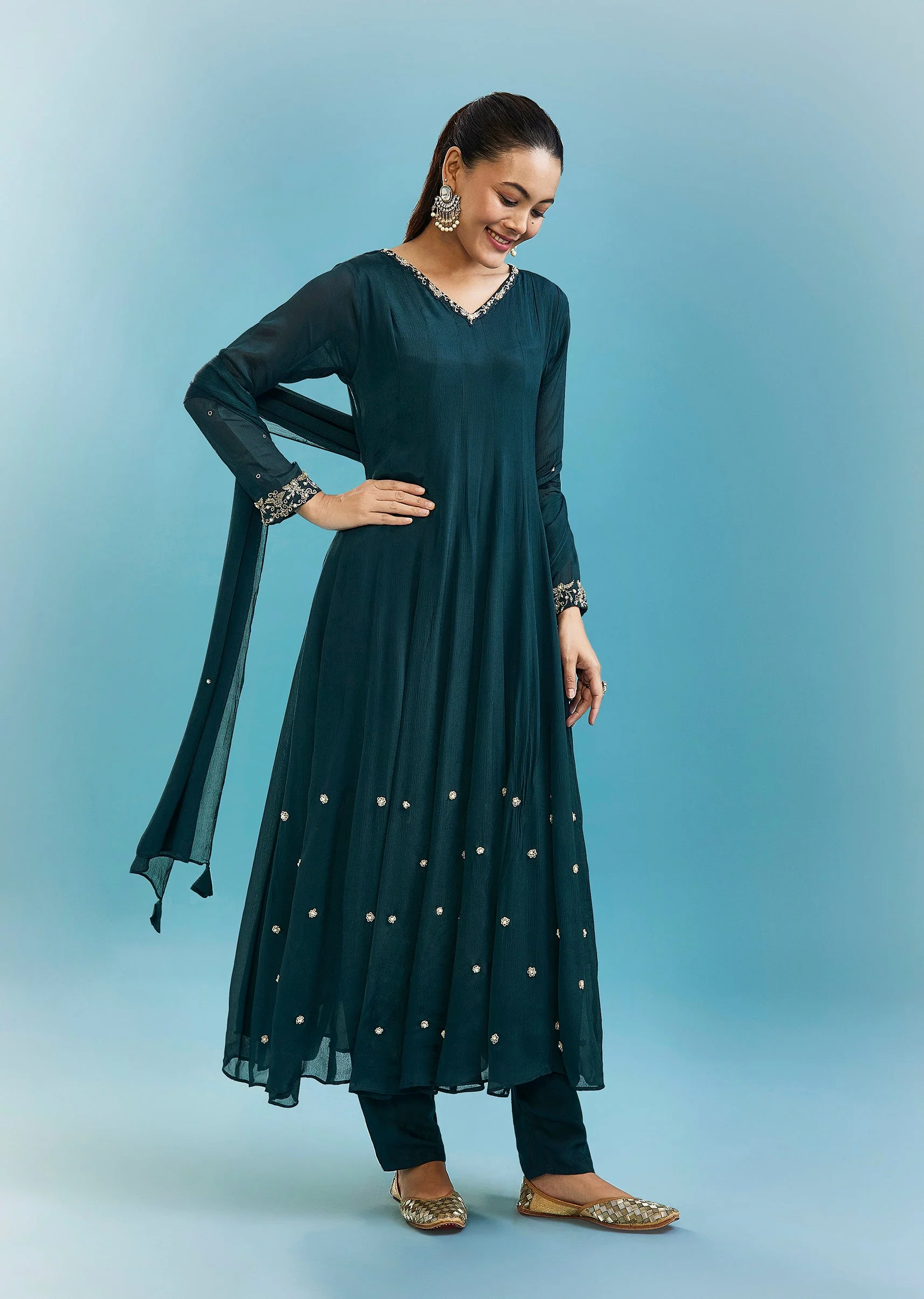 Teal Anarkali Set With Zardosi Work